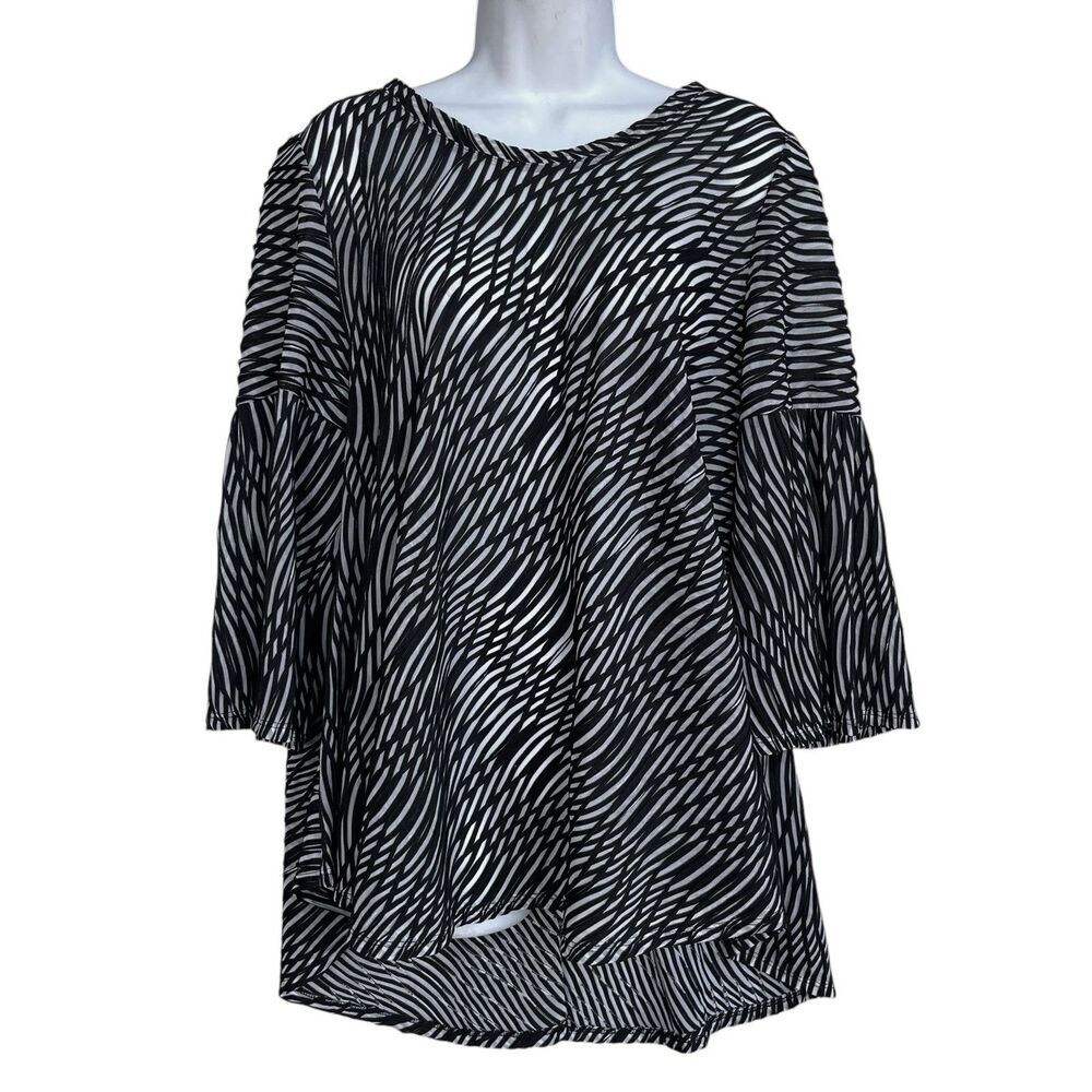 IC Collection by Connie K Top Women’s XL Black Print Texture Lagenlook Blouse
